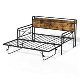 VINGLI Daybed with Trundle Twin, Metal Daybed Frame with Pop-up Trundle Bed and Charging Station,Day Bed with Wooden Storage Headboard & LED Lights, for Kids Room, Living Room, Bedroom, Brown VINGLI