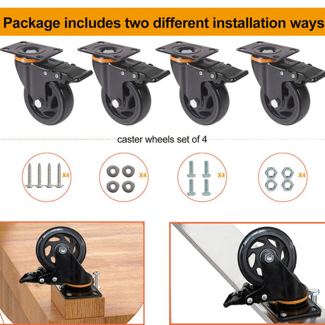 4 Inch Caster Wheels, Casters Set of 4 Heavy Duty with Brake, Polyurethane Foam No Noise Wheels, Safety Dual Locking Plate Industrial Casters, Loading 2200lbs (Two Sets Hardward Kits) ENYKE