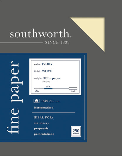 Southworth® 100% Cotton Business Paper, 8 1/2" x 11", 32 Lb, Ivory, Box of 250