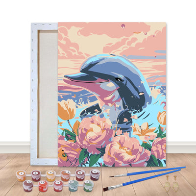 Bimkole Framed Paint by Numbers Kit for Adults Dolphin, DIY Oil Painting Kit on Canvas with Paintbrushes and Acrylic Pigment, for Paint by Numbers for Beginner, for Home Wall Decor 8x12inch/20x30 cm