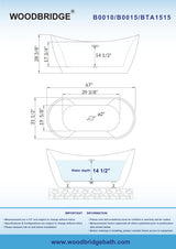 WOODBRIDGE 67" Acrylic Freestanding Bathtub Contemporary Soaking Tub with Brushed Nickel Overflow Overflow and Drain,White,B0010-BN WOODBRIDGE