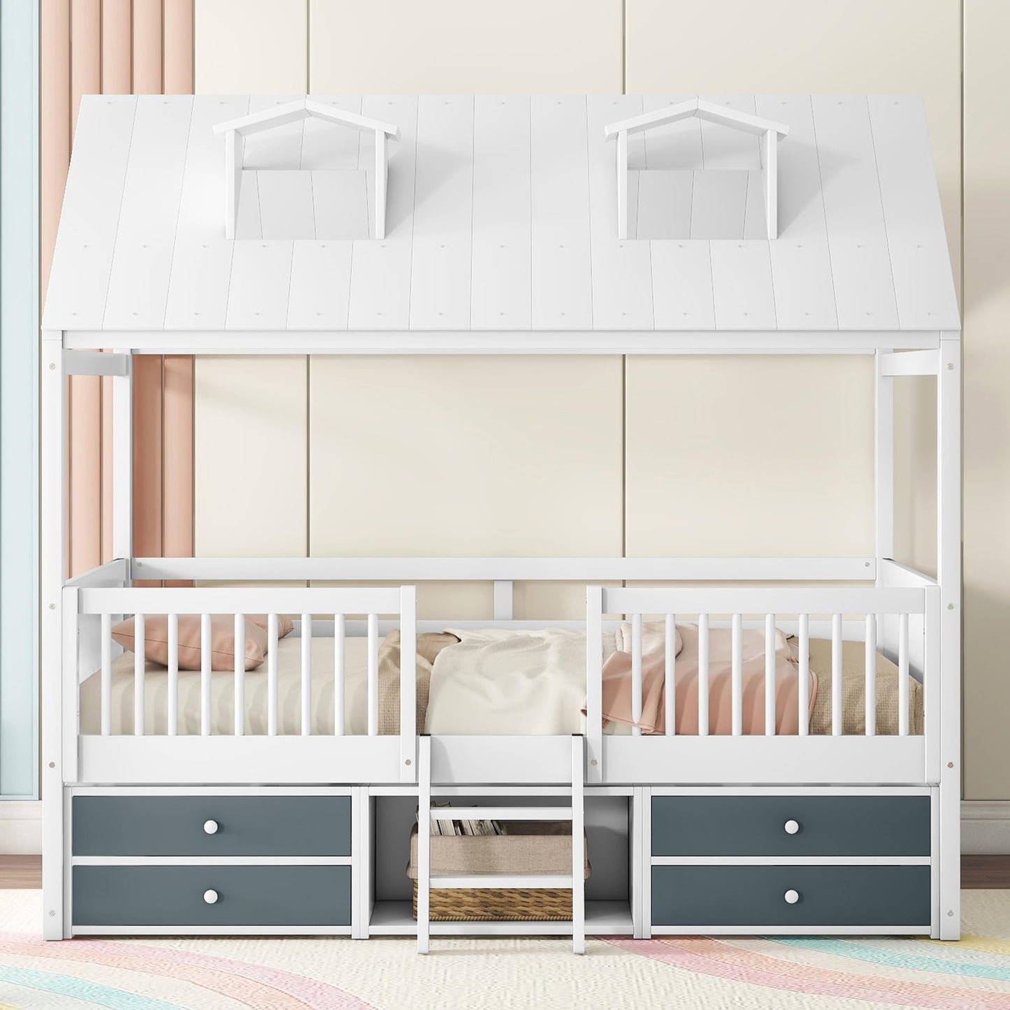 Merax Full Size Montessori House Bed Frame with Roof, Skylights, and Storage Drawers for Kids - WoodArtSupply