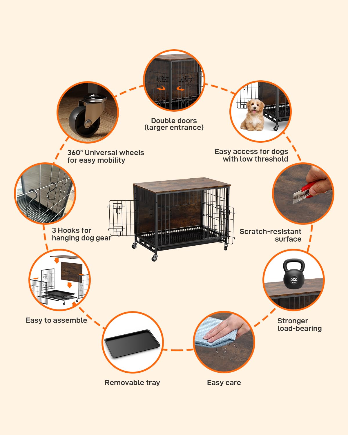 GAOMON 2024 New 32.5" Dog Crate Furniture, Heavy-Duty Wooden Dog Kennel with Removable Tray and Wheels, Double-Doors Dog Cage End Table, Indoor Dog House for Medium/Small Dogs, Rustic Brown - WoodArtSupply