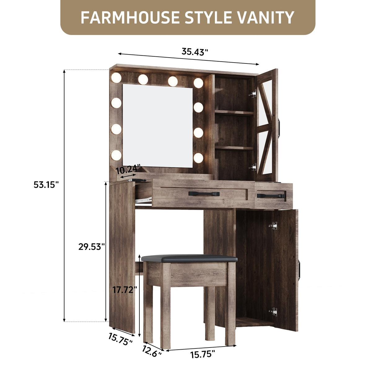 NEDYO Vanity with Mirror and Lights, Farmhouse Vanity Desk, Makeup Vanity Table Set, Small Wood Vanity with Chair, Vintage Large Light Bulbs Dimmable Mirror, Shelves and Drawers. Oak NEDYO