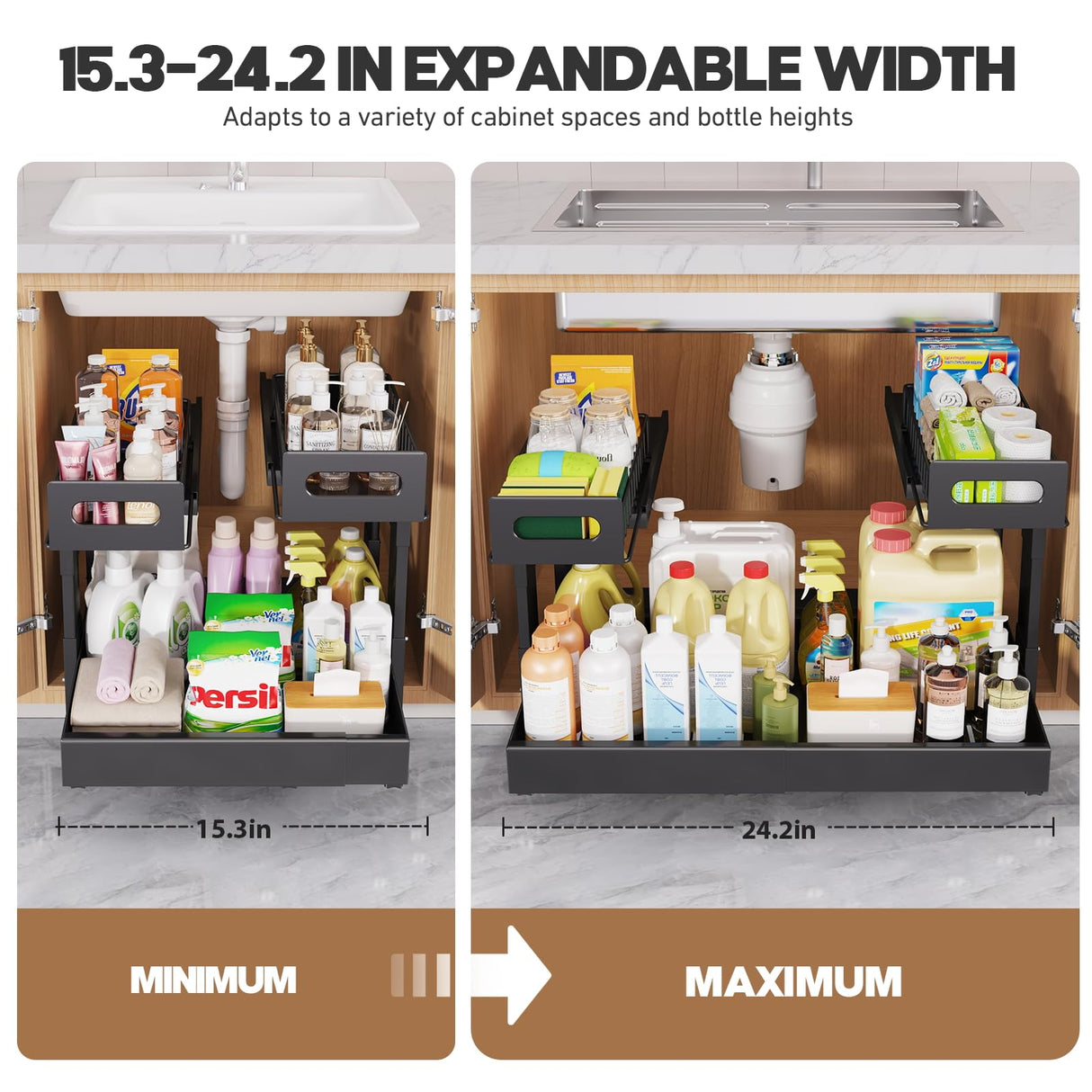 1 Pack Expandable Under Sink Organizers And Storage With Upgrade Ball-Bearing Slide Tracks,2-Tier Pull Out Under Cabinet Organizer Height Adjustable,Slide Out Under Sink Drawers-Black(Patent Pending) Biboraya