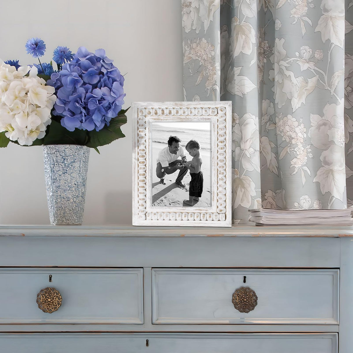 UPPER DECOR Whitewashed Wooden 5x7 Picture Frame with Beaded Design – Rustic and Boho Style, Decorative 5x7 Photo Frame for Home Decor, Farmhouse Rustic Picture Frame for Photos UPPER DECOR