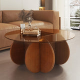 Modern Round Coffee Table with Solid Wood Legs, 31.5'' Glass Coffee Tables for Living Room Rustic Circle Center Cocktail Table with Tempered Glass-Top, Unique Accent Table for Small Spaces dnziqi