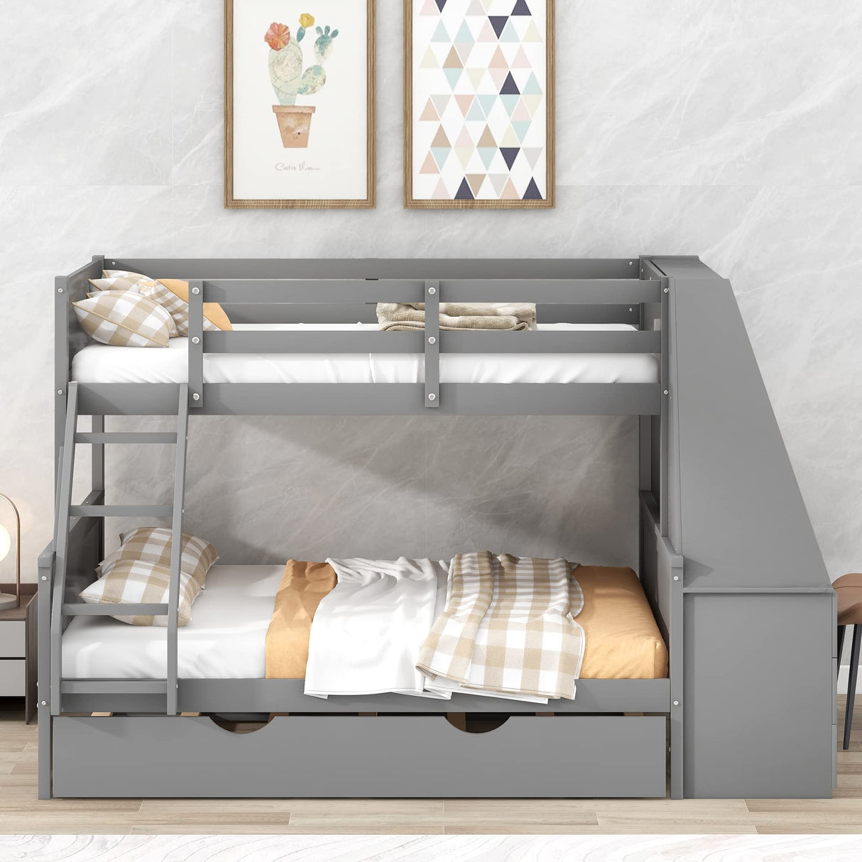 Harper & Bright Designs Twin Over Full Bunk Beds with Desk and Trundle, Wood Bunk Beds with Storage Drawers and one Shelves, No Box Spring Needed (Gray) Harper & Bright Designs