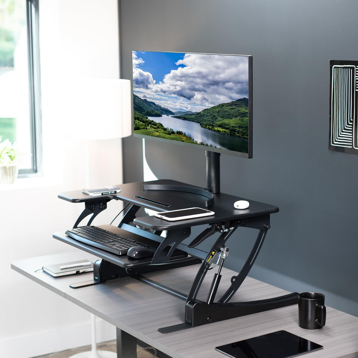 VIVO 32 inch Height Adjustable Stand Up Desk Converter, V Series, Quick Sit to Stand Tabletop Dual Monitor Riser Workstation, Black, DESK-V000VS VIVO