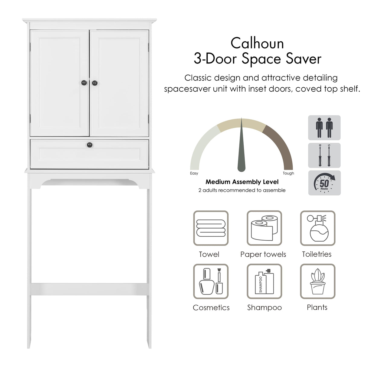 Spirich Over The Toilet Storage Cabinet, Bathroom Above Toilet Storage Cabinet with Doors and Adjustable Shelves, White Spirich