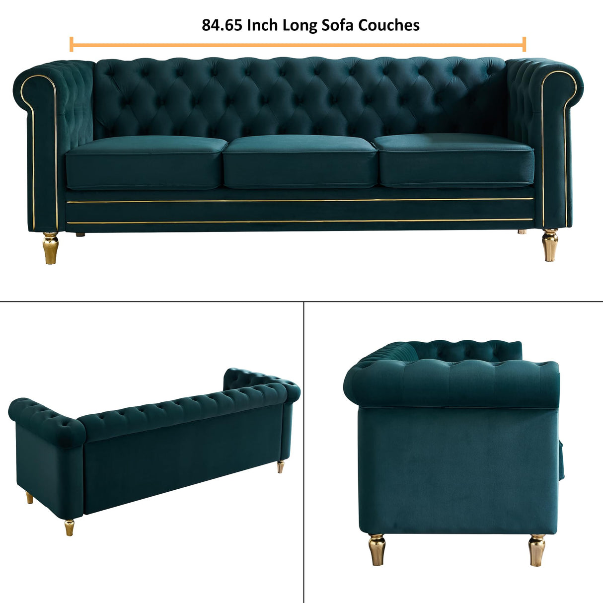 Homtique 84" Modern Green Velvet Chesterfield Sofa, 3-Seater, Button Tufted, Rolled Arms, Gold Legs Homtique
