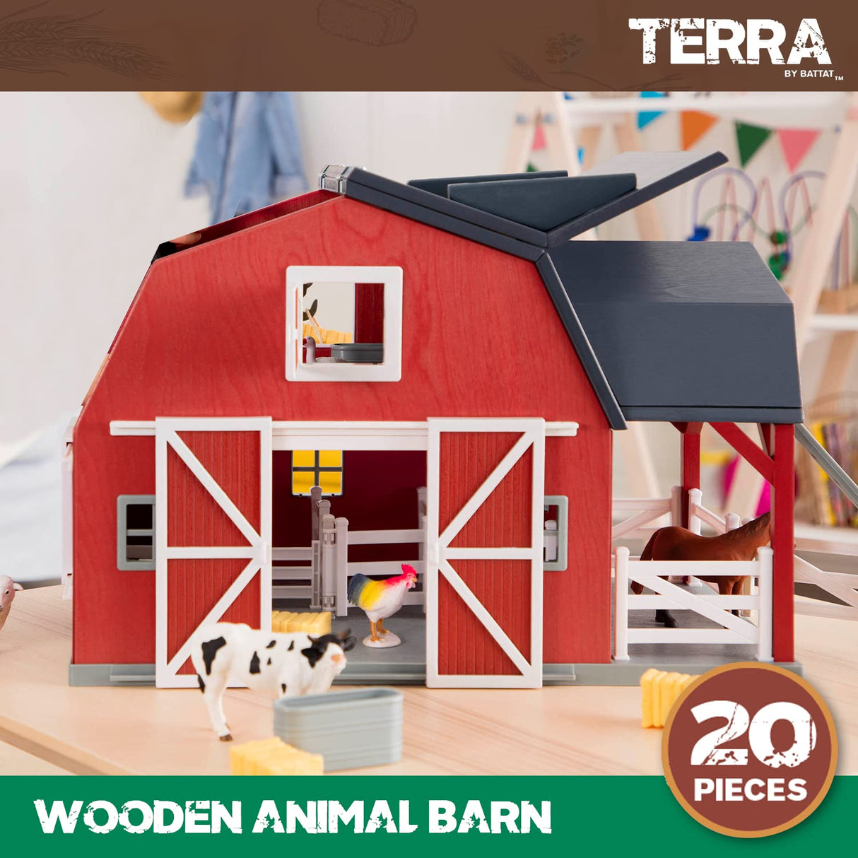 Terra By Battat - 20 Pcs Wooden Animal Barn Toy - Farm Toy Set - Pretend Play Toys For Kids and Toddlers Ages 3+ TERRA BY BATTAT