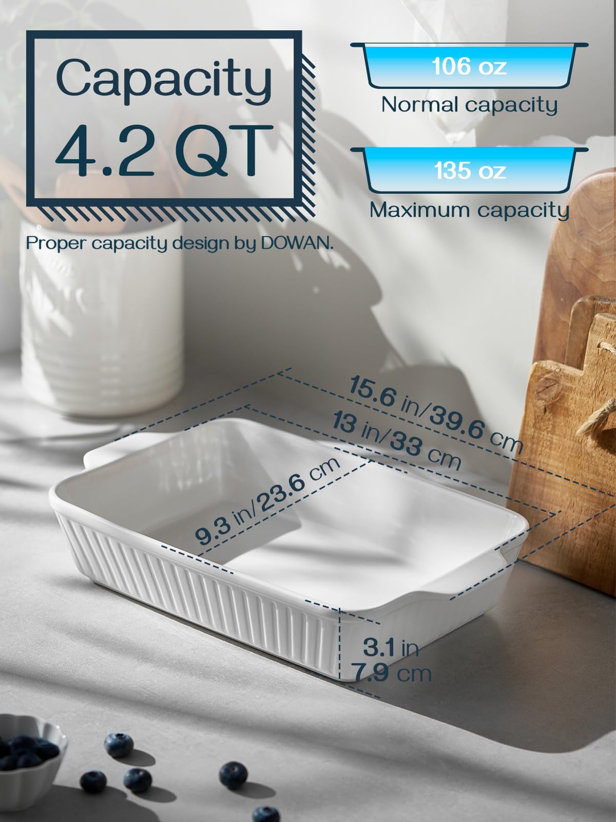 DOWAN Casserole Dish, 9x13 Ceramic Baking Dish, Large Lasagna Pan Deep for Oven, 4.2 Quarts Baking Pan with Handles, Oven Safe and Durable Bakeware for Lasagna, Home Decor, Wedding Gift, White