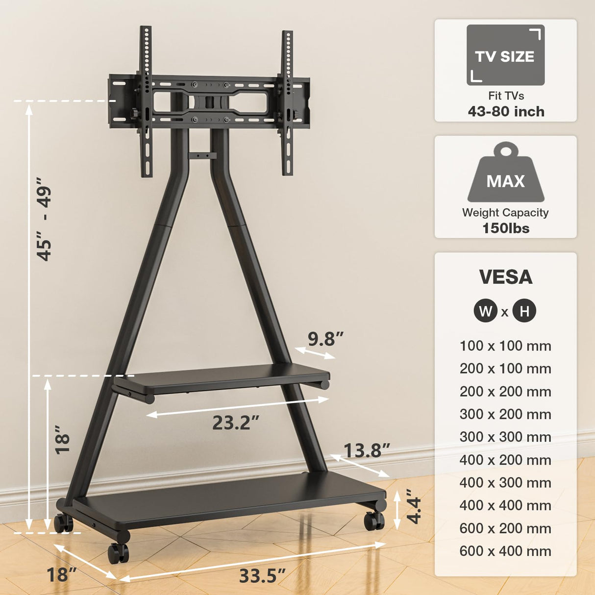 TVON Rolling TV Stand for 43-80" TVs up to 150lbs, Portable TV Stand on Wheels with Enhanced Triangular Design, Height Adjustable Mobile TV Stand with Swivel/Tilt/Dual Shelves for Indoor/Outdoor Use TVON