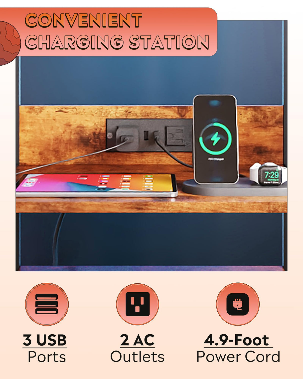 WLIVE Nightstand Set of 2 with Charging Station, LED Night Stand Sets with 2 Drawers and 4 Storage Open Shelves, Fabric Dressers for Bedroom, Rustic Brown WLIVE