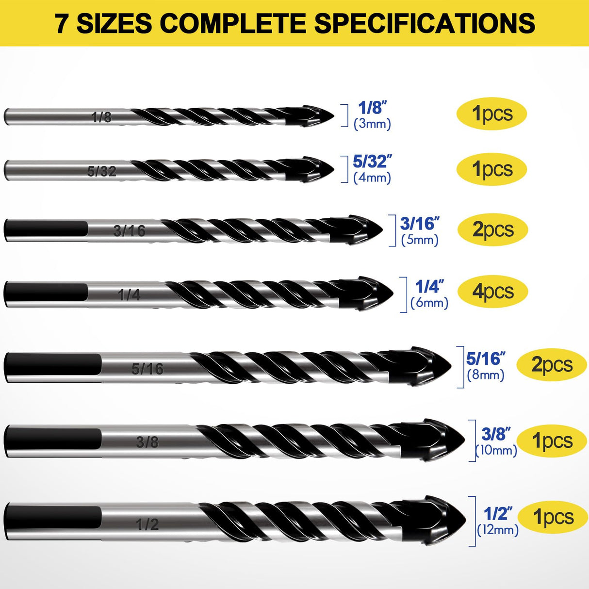 12-PCS Masonry Drill Bit Set & Concrete Drill Bit Set, 1/8 to 1/2 inch Professional Carbide Drill Bits Tip for Glass, Tile, Brick, Cement Concrete Plastic Wood etc. Masonry Drill Bits Set by DYRECELVE DYRECELVE