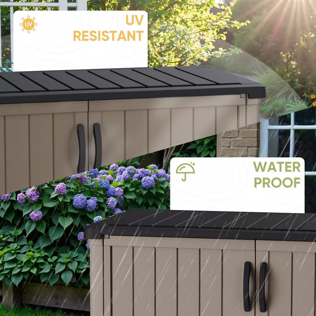 Devoko Outdoor Storage Cabinet 50 Cu Ft with Lockable Doors, Vertical Storage Shed Waterproof Patio Tools Storage Box for Sofa Cushions, Gardening Tools and Accessories (Beige) Devoko