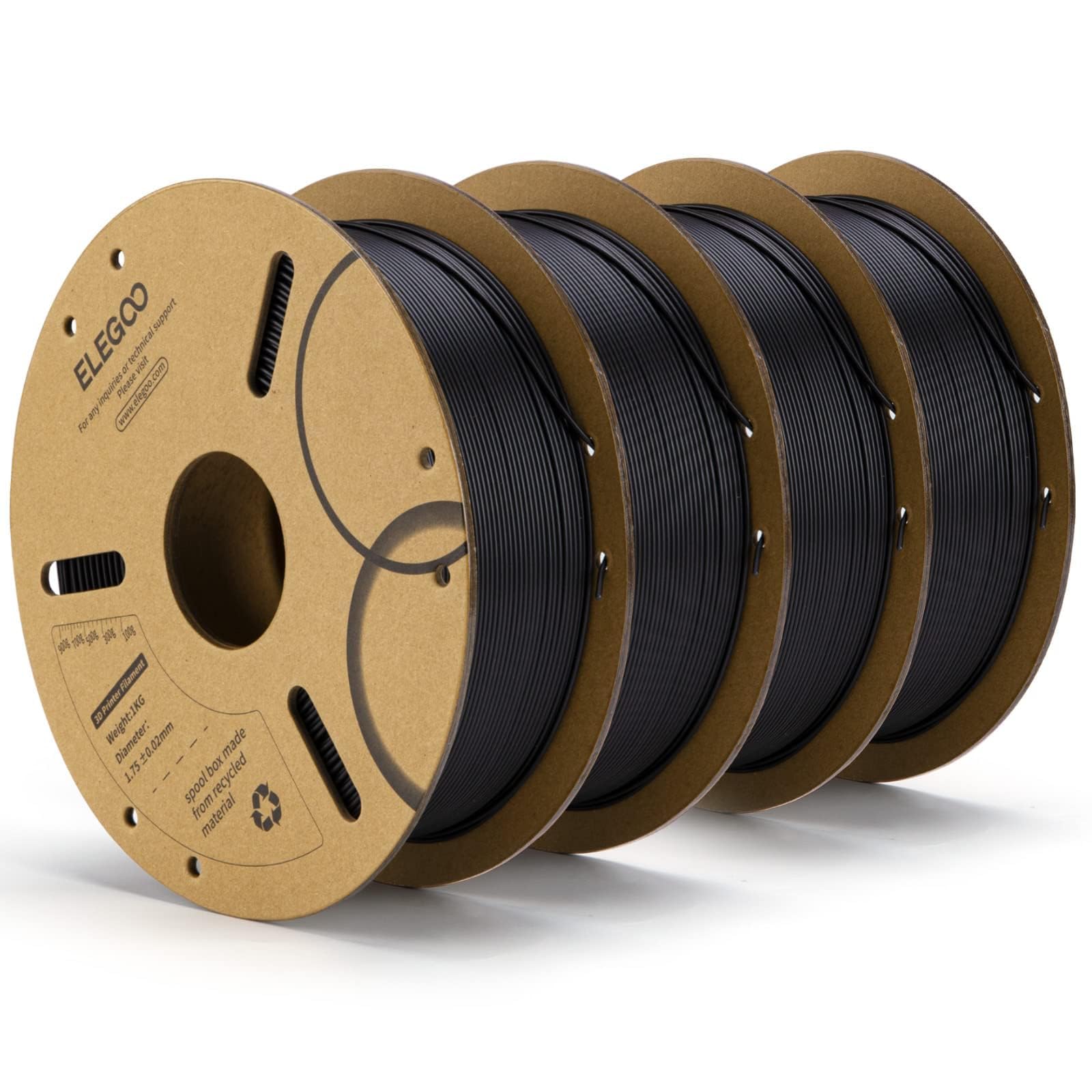 ELEGOO PLA Filament 1.75mm Black 4KG, 3D Printer Filament Bulk Dimensional Accuracy +/- 0.02mm, 4 Pack 1kg Cardboard Spool(2.2lbs) 3D Printing Filament Fits for Most FDM 3D Printers - WoodArtSupply