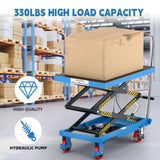 Hydraulic Lift Table Cart, Double Scissor Lift, 330 Lbs Capacity, 50" Height with Non-Slip Pad, 4 Safety Bumper PU Wheels, Ideal for Home, Garage, Supermarket, Factory, Warehouse, Construction Sturdon