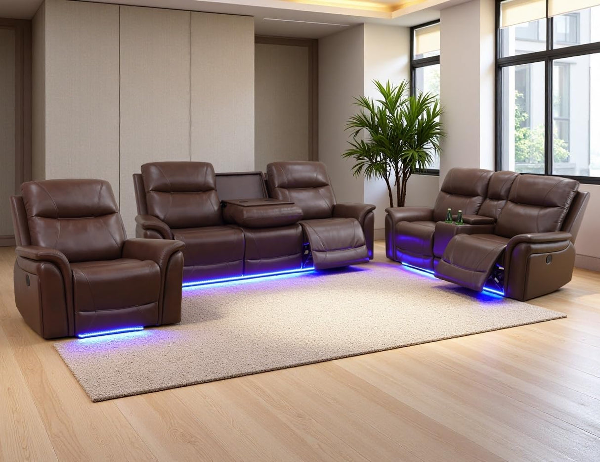 Anthato Power Recliner Living Room Set, Leather Reclining Sofa Set with Coffee Table, Living Room Furniture Sets, Brown Recliner Couch with Cup Holders/Charging Port for Home Theater/Office, Brown Anthato