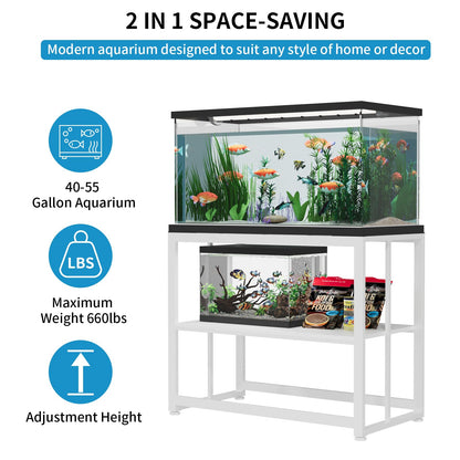 VOWNER 40-50 Gallon Fish Tank Stand - Metal Aquarium Stand, 36.6" x 18.5" x 29.5" Heavy Duty Reptile Tank Stand, Adjustable 2-Tier Fish Tank Rack Shelf for Home Office, Tank not Included, White