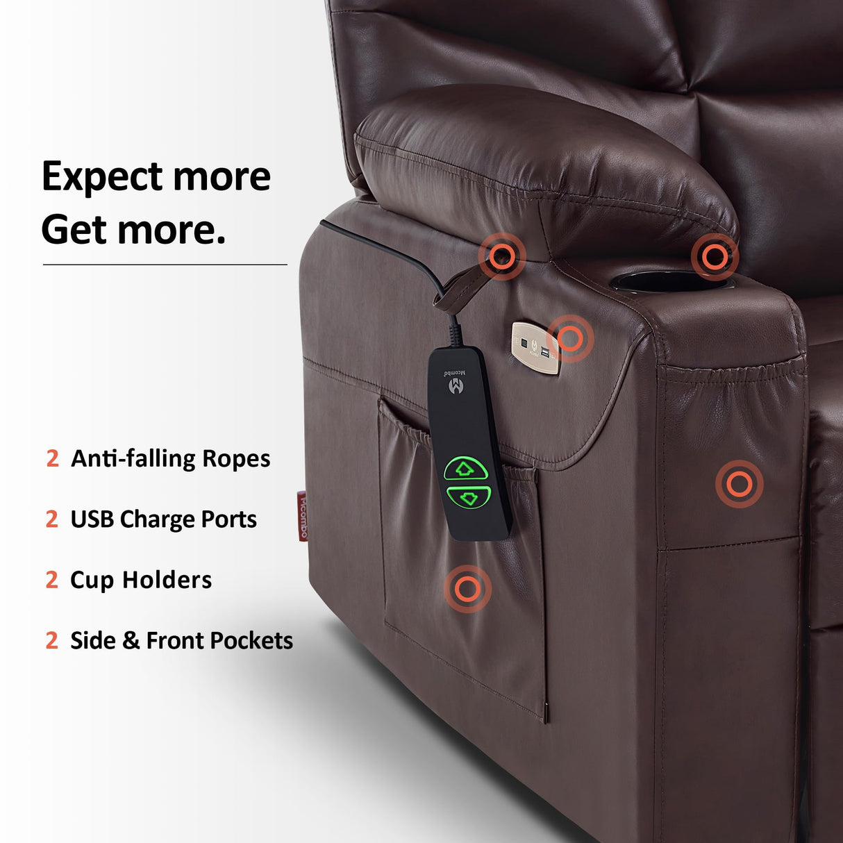 MCombo Power Lift Recliner Chair, 2 Cup Holders, USB Ports for Elderly People, Faux Leather 7287 (Dark Brown, Medium-Regular) MCombo