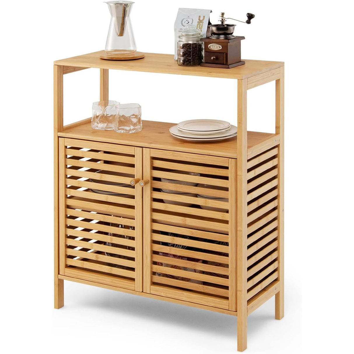 LUARANE Storage Cabinet, Bamboo Cabinet w/ 2 Louvered Doors & Open Shelf, Bathroom Storage Cabinet for Living Room, Home Office, Kitchen, Natural LDAILY