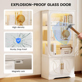 Lareth Display Cabinet with Glass Doors, 69 in Tall Bookcase with LED Lights, Glass Display Case Kitchen Pantry Cabinet, 5 Tier Curio Storage Cabinet for Living Room, Home Office, White Lareth