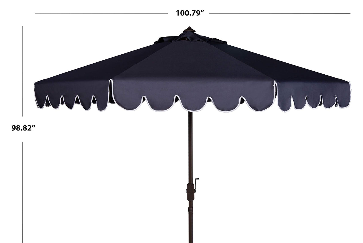 SAFAVIEH PAT8010A Collection Venice Navy and White Single Scallop 9Ft Crank Outdoor Push Button Tilt Umbrella Safavieh