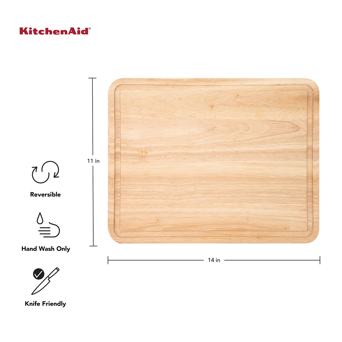 Kitchen Aid Classic Rubberwood Cutting Board with Perimeter Trench, Reversible Chopping Board, 11-inch x 14-Inch, Natural