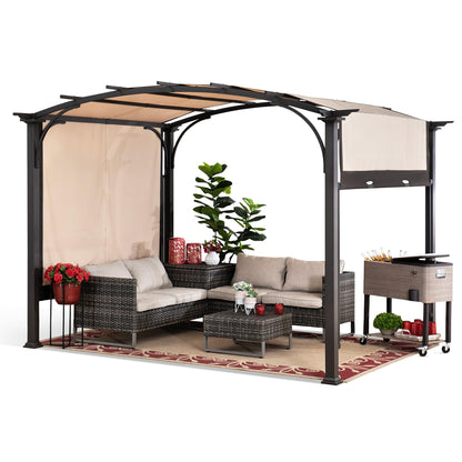 Sunjoy Outdoor Pergola 9.5 x 11 ft. Steel Arched Pergola with Adjustable Canopy for Patio, Backyard and Garden Activities, Tan & Brown