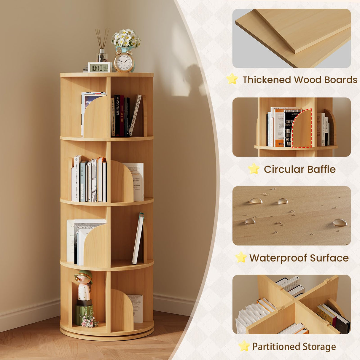Rotating Bookshelf 360 Degrees，4 Tier Round Spinning Bookcase, Wood Book Shelf Tower for kids, Adults, Narrow Rolling Corner Bookshelf for Small Spaces, Bedroom, Classroom, Kids room, Natural YOUDENOVA
