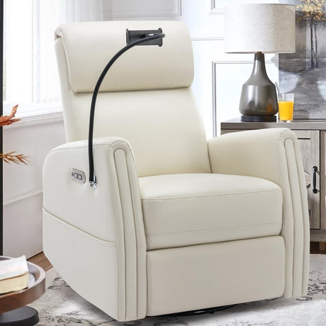 COLAMY Power Recliner Chair Swivel Glider Rocker for Nursery, Upholstered Faux Leather Living Room Rocking Reclining Single Sofa Chair with 2 Device Holders, Beige COLAMY