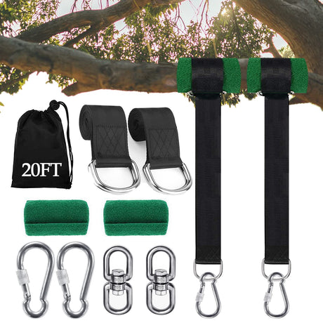 Werfeito Extra Long Tree Swing Straps, 3FT/8FT/10FT/20FT/30FT Tree Swing Hanging Straps Kit Holds 5000 lbs with Tree Protector, Heavy Duty Carabiner and Swivel Perfect for Swings & Hammocks (20 FT) Werfeito
