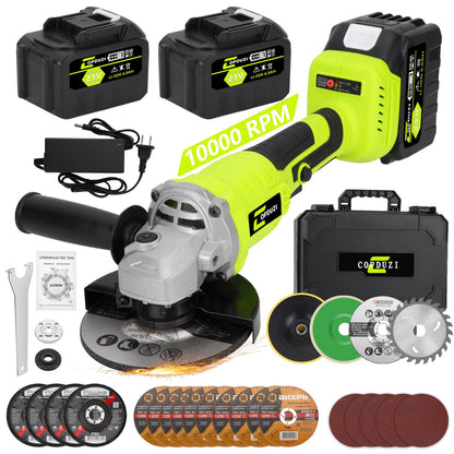 Cordless Angle Grinder Set, 2x 6.0 AH Batteries,21V Power Angle Grinder Tools,10000 RPM Brushless Electric Grinder with 10-5" Cutting Wheel, Flap Wheel, Wool Carving Wheel for Cutting & Grind - WoodArtSupply