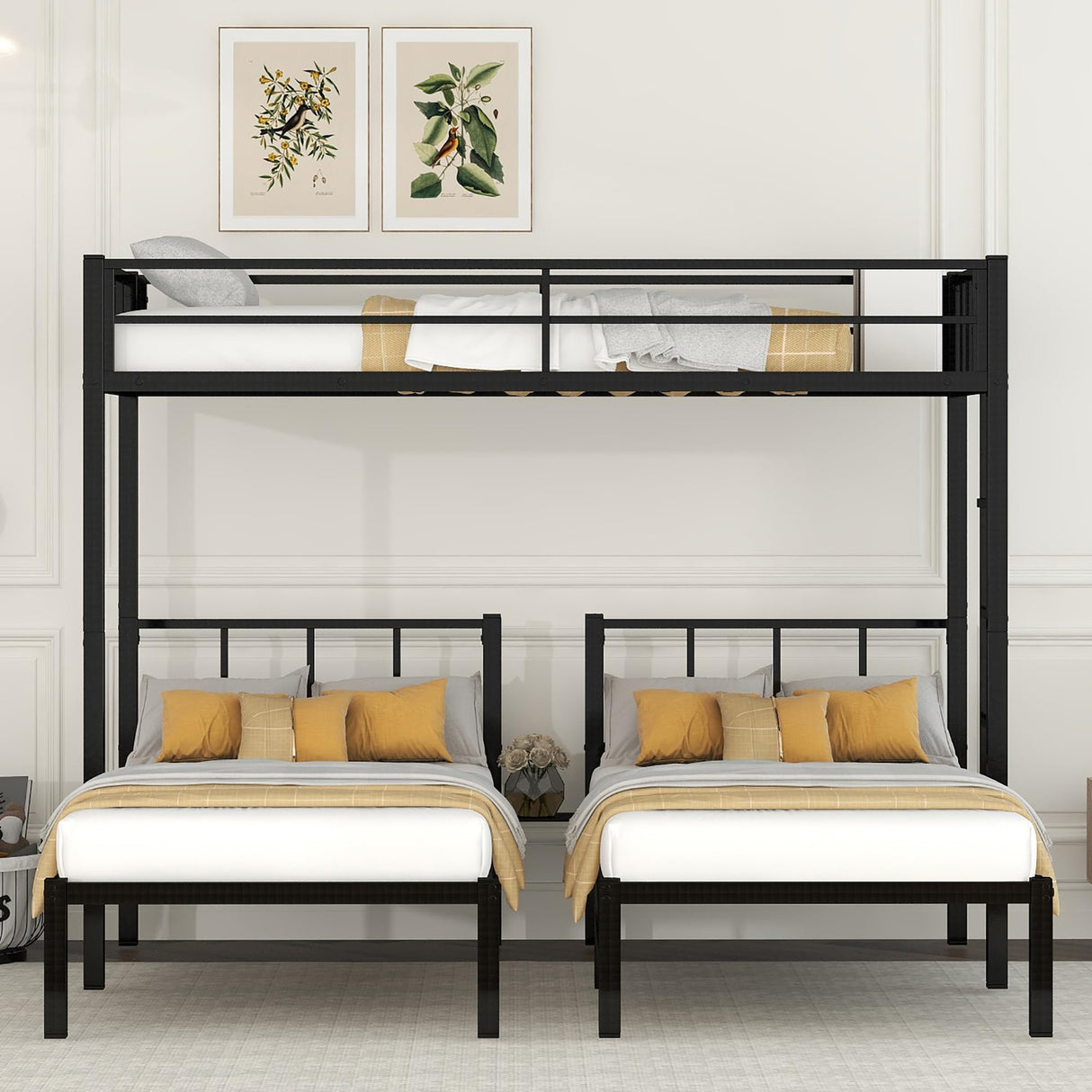 Bellemave Twin Over Twin Over Twin Bunk Bed for 3 Kids, Heavy Duty Triple Bunk Bed with Guardrails and Ladder, Twin Over Twin Over Twin Triple Bunk for Kids, Teens, Black Bellemave