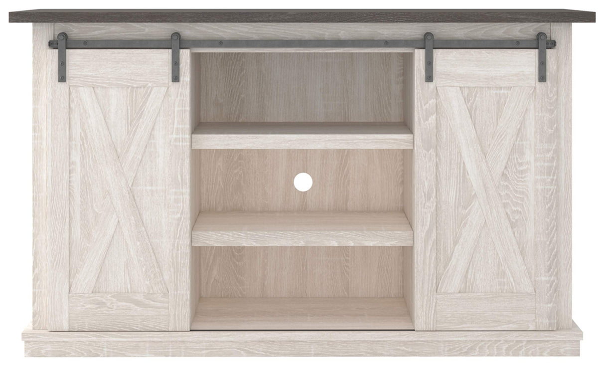 Signature Design by Ashley Dorrinson Farmhouse TV Stand Fits TVs up to 50" with Sliding Barn Doors and Storage Shelves, Whitewash & Gray Signature Design by Ashley