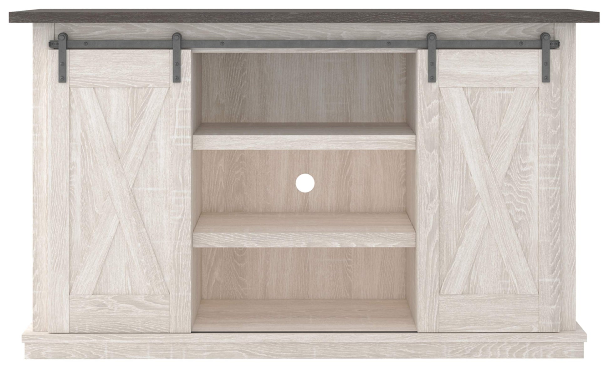 Signature Design by Ashley Dorrinson Farmhouse TV Stand Fits TVs up to 50" with Sliding Barn Doors and Storage Shelves, Whitewash & Gray - WoodArtSupply