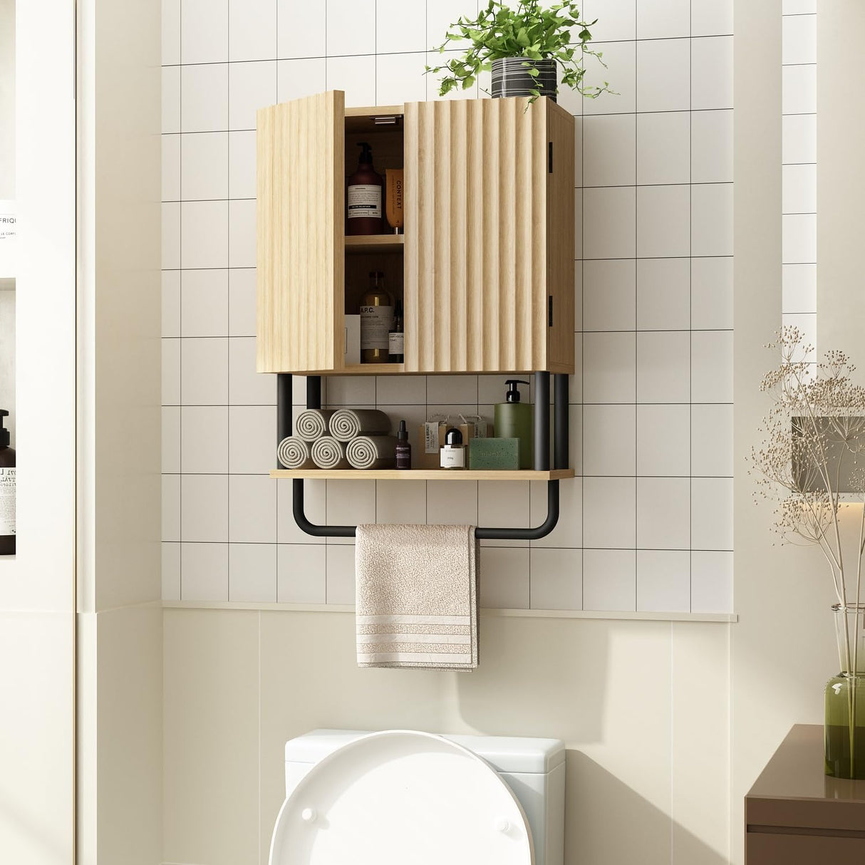 RUSTOWN Fluted Bathroom Wall Cabinet with 2 Doors, 3-Tier Modern Farmhouse Medicine Cabinet, Over The Toilet Storage Cabinet with Adjustable Shelf and Towel Bar(Natural, Small) RUSTOWN