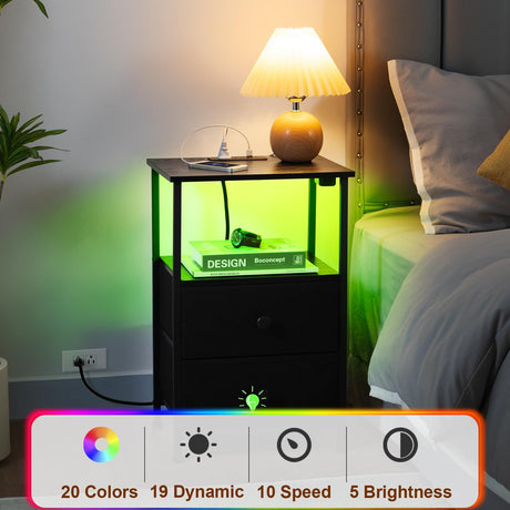 LOAKEKEL Night Stand Set 2, LED Nightstand with Charging Station, End Tables with Storage Shelf, Bedside Table with 2 Fabric Drawers for Bedroom, Small Spaces, Black, HETS02BK LOAKEKEL