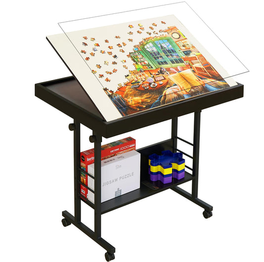 URFORESTIC 1500 Piece Jigsaw Puzzle Table with Legs,Rolling Jigsaw Puzzle Desk,35” X 25.2” Wooden Jigsaw Puzzle Board with Protective Cover for Adults(Dark Brown)