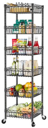 SINGAYE 6 Tier Shelf Wire Rack Shelving with Wheels Metal Storage Shelves Adjustable Closet Bathroom Organizers Baskets Pantry Kitchen Garage Laundry Room 13.5" D x 13.5" W x 63" H Black SINGAYE