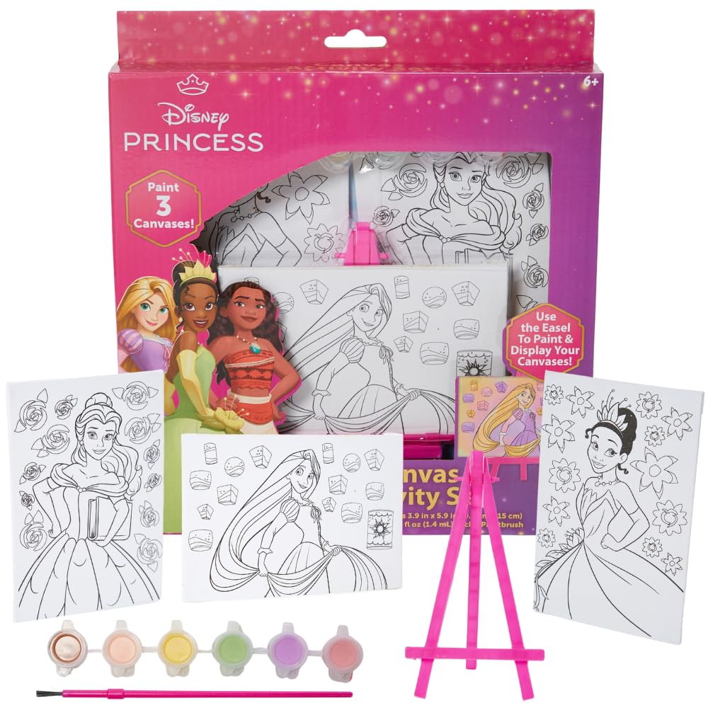Innovative Designs Disney Princess Canvas Paint Set for Kids with 3 Canvases, Acrylic Paint, Paintbrush, & Easel Innovative Designs