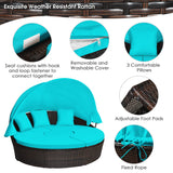Tangkula Patio Round Daybed with Retractable Canopy, Outdoor Wicker Rattan Furniture Sets, Sectional Cushioned Sofa Set w/Height Adjustable Coffee Table, Rattan Conversation Sets (Turquoise) Tangkula