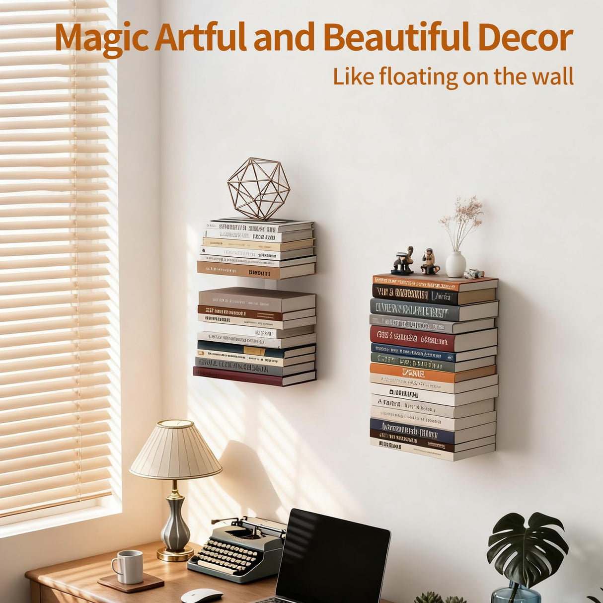 Professional Invisible Floating Book Shelves for Wall, 8 Tier Vertical Spine Book Tower Hanging Bookshelves, Wall Mounted & Space Saving, Heavy Duty Metal Book Organizer for Home Office, 4 Pack White Ninwod