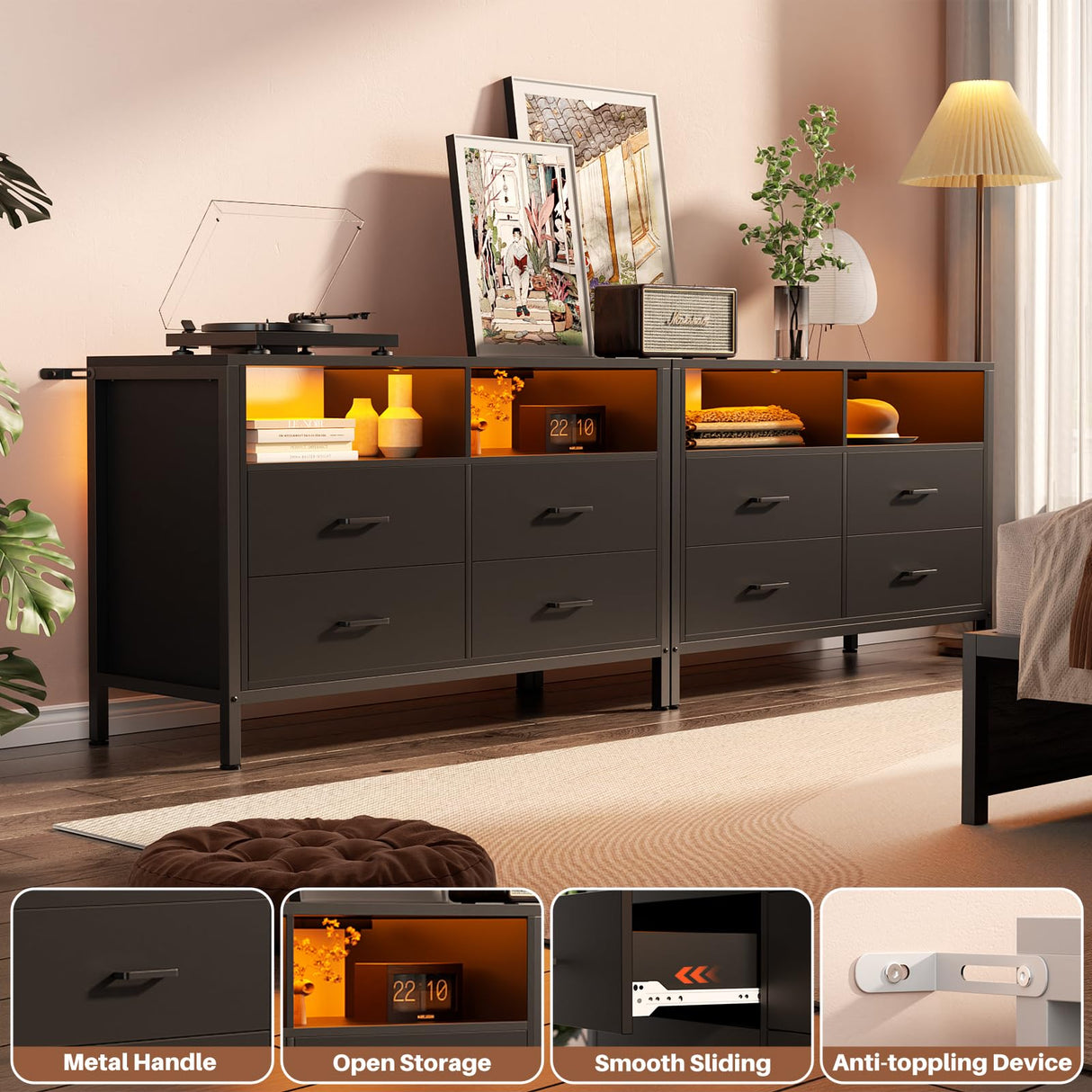 Girapow Dresser for Bedroom, Wooden Bedroom Dresser with LED Lights and Charging Station, 4 Drawers Dressers, Wide Chest of Drawers Storage Organizer TV Stand for up to 50" TV for Living Room, Black Girapow