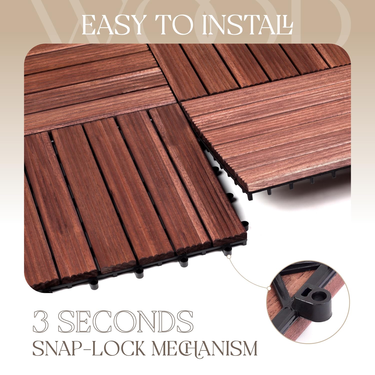 TimberWave Pack of 10 Deck Tiles, Solid Acacia Wood Floor Tiles, Patio Tiles Outdoor Interlocking Waterproof All Weather, with Grooves Decrease Skidding (10, Dark Brown, 12'' x 12" - 6 Slat) - WoodArtSupply