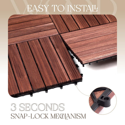 TimberWave Pack of 10 Deck Tiles, Solid Acacia Wood Floor Tiles, Patio Tiles Outdoor Interlocking Waterproof All Weather, with Grooves Decrease Skidding (10, Dark Brown, 12'' x 12" - 6 Slat) - WoodArtSupply