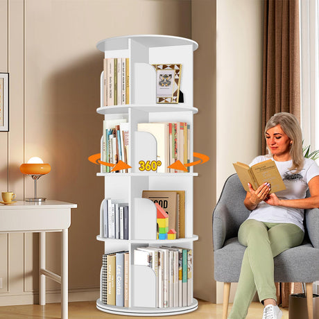 RUNSUNSPRI 4 Tier Rotating Bookshelf Tower, Spinning Bookshelf, Revolving 360° Bookcase Storage Round Carousel, Vertical Rotate Turning Spiral Corner Organizer Lazy Susan, White RUNSUNSPRI