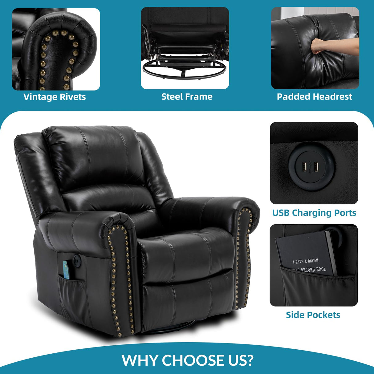 OUINCH Manual 360 Degree Swivel Glider Rocker Recliner Chair with Massage and Heat, USB Ports and 2 Side Pockets, Faux Leather, Black OUINCH